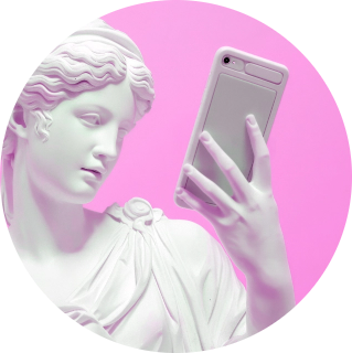 sculpture-goddess-with-smartphone-pink-background